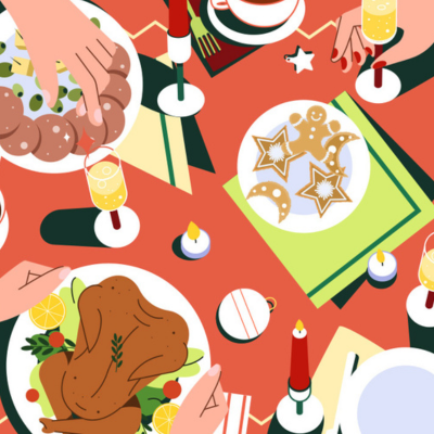 Illustration of an overview of a table with holiday food such as a cooked turkey, different cookies, and decorations with candles. erent shaped cookies, o
